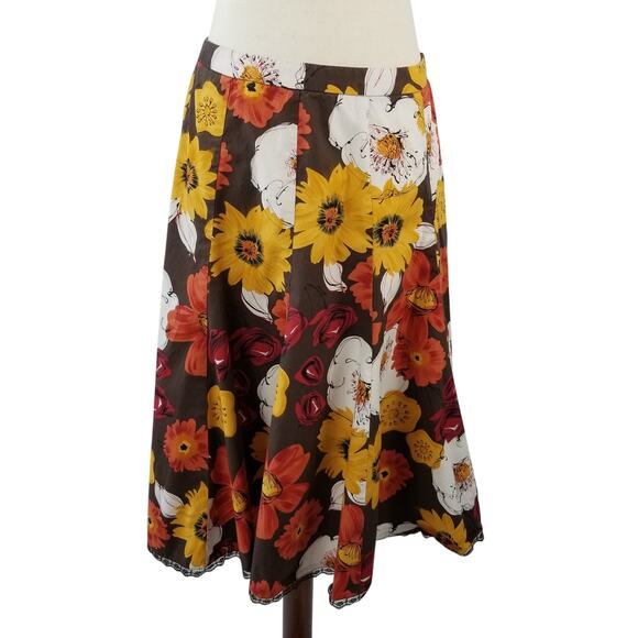 Dress Barn Orange Black Yellow White Bold Floral Full Skirt Lace Trim Skirt 4 - Picture 1 of 5